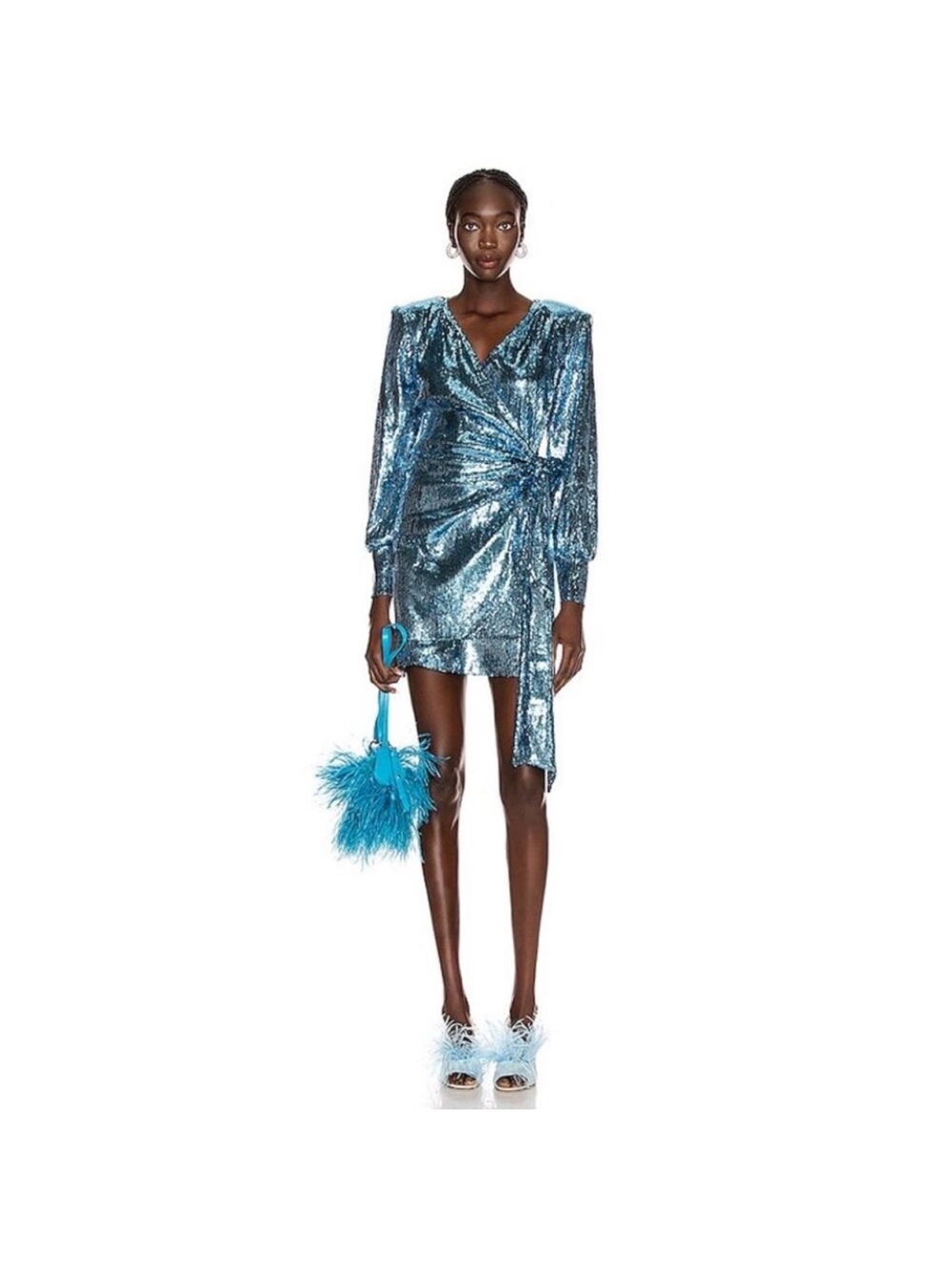 Blue Sequin Wrap Midi Dress with Long Sleeves